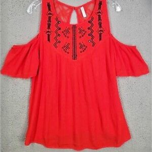 Xhilaration Cold Shoulder Tribal Embroidered Bright Red Short Sleeve Top, Size M